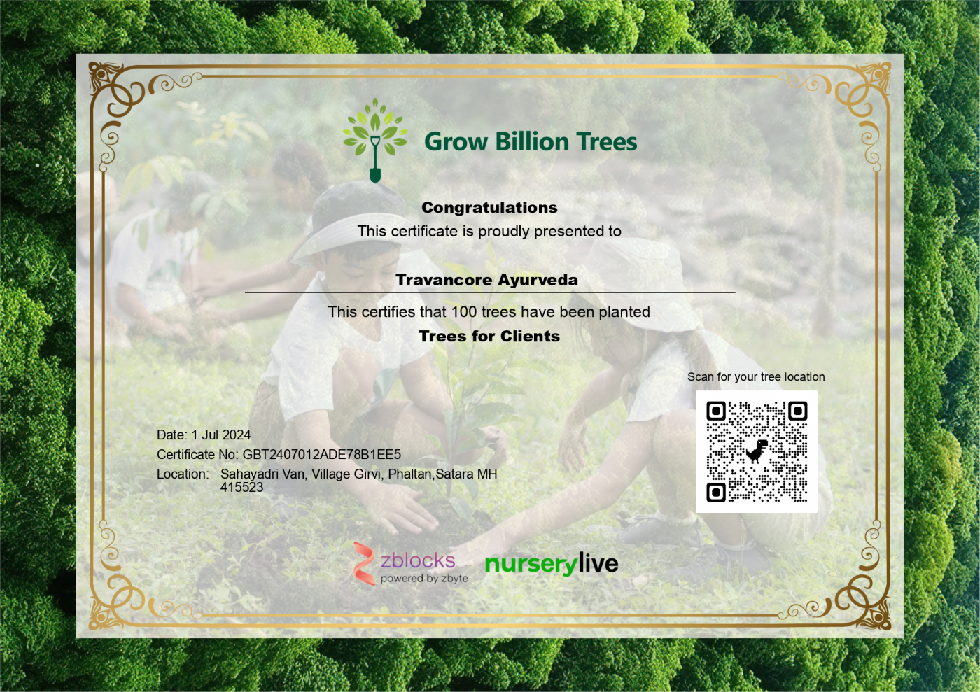 Certificate for planting 100 plants with scanner on it which shows location of the plants